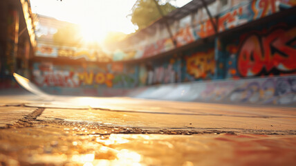 Graffiti on a skatepark wall at sunset