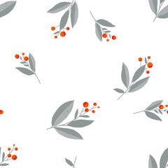 Gray twigs with orange berries, seamless pattern