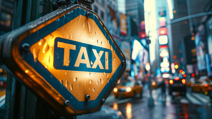 A wet taxi sign at night with blurred city backdrop
