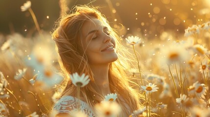 Woman in a Daisy Field Smiling and Gazing Up