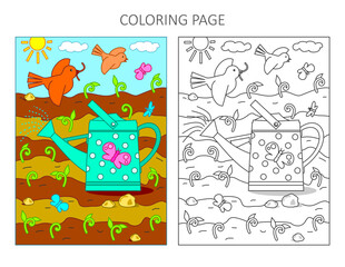 Coloring page with a sample. Spring and gardening scene with watering can, young sprouts, birds, insects.
