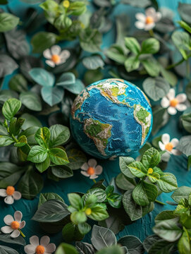 A stunning visual of Earth with a blue textural backdrop encircled by soft green leaves and delicate white flowers.