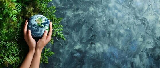Human hands gently hold a small globe against a lush, green botanical background, symbolizing care for the Earth.