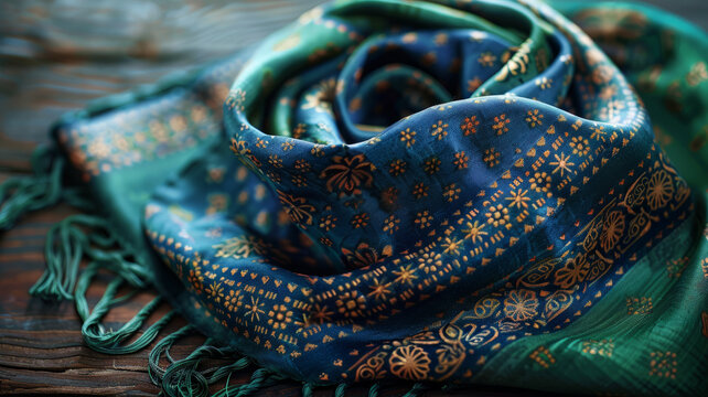 A patterned silk scarf with fringes.