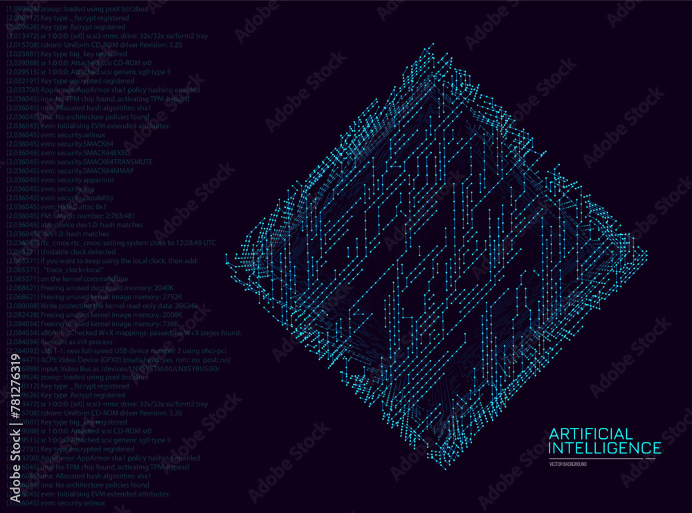 Poster Big Data Cube Quantum Computer Server Concept Background. Light Dots with Depth of Field Effect. Data Sorting. Artificial Intelligence HUD Design Element. Computer Science Vector Background.