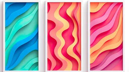 A triptych of abstract designs, with each panel showcasing a unique and flowing gradient of colors in vertical formats