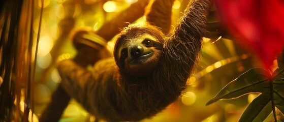 Fototapeta premium A sloth revels in the radiant warmth, as golden light filters through the dense jungle canopy above.