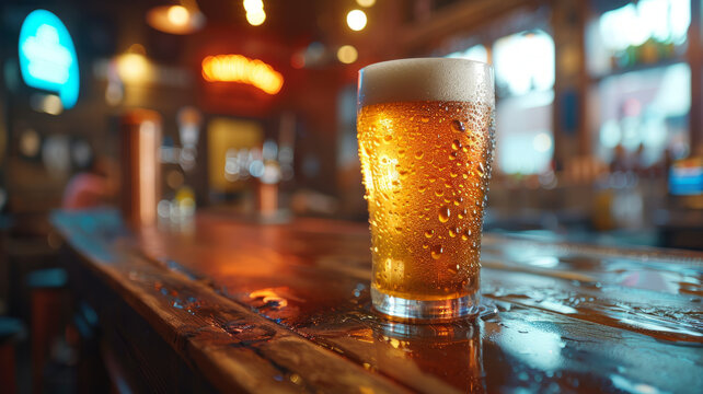 A beer glass on a bar counter.