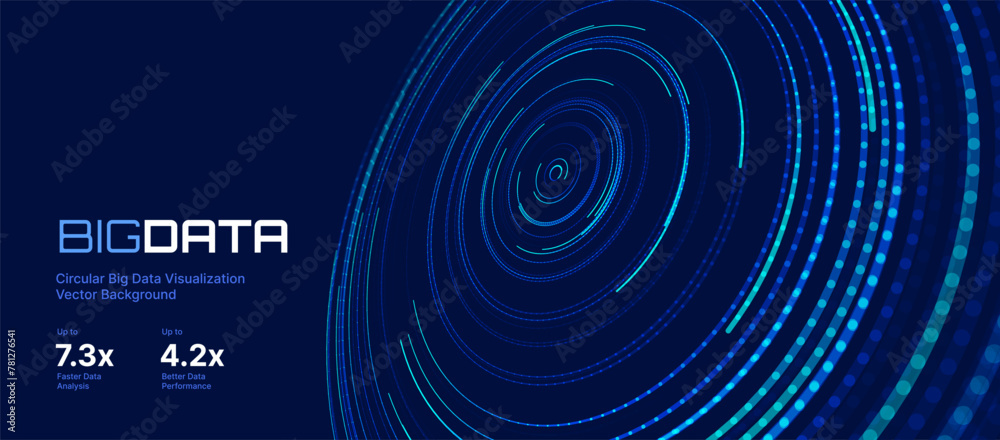 Poster Big Data Visualization. Circular Particles With Trails Vortex. Futuristic Science or Finance Infographic Design. Complex Visual Data Background. Abstract Data Flowing. Vector Illustration.