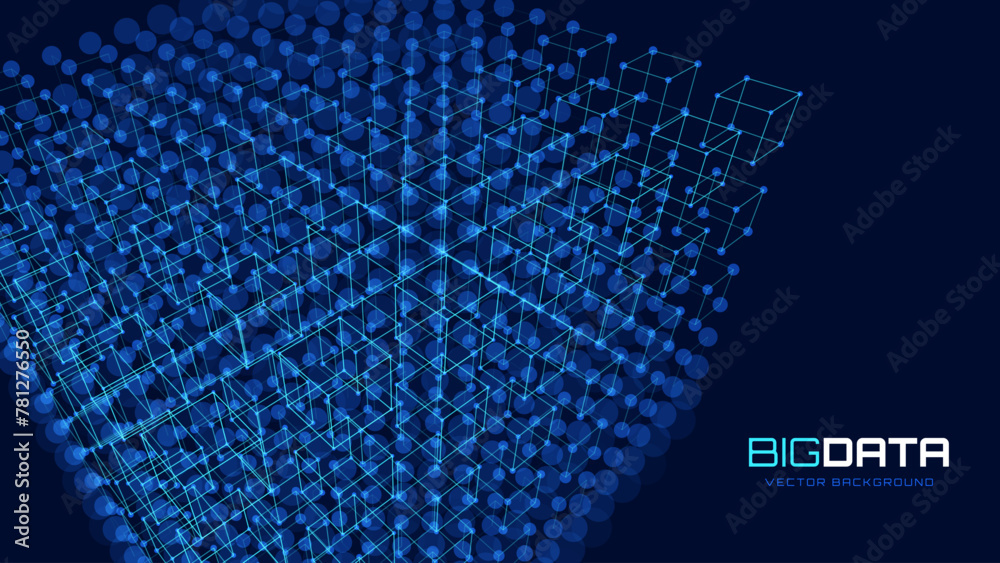 Fototapete 3D Hi-Tech Cube. Big Data Cube Quantum Computer Server Concept Background. Light Dots with Depth of Field Effect. Data Sorting. Business Server Security Artificial Intelligence HUD Design Element.