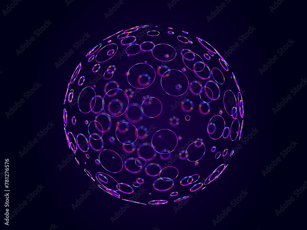 Poster Abstract 3D Sphere. Circles On Sphere. Science Orb Atom Concept. Abstract 3D Design. Technology Science Style Vector Background.