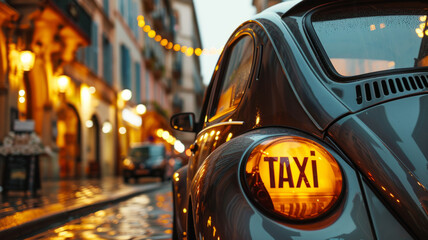 Vintage taxi car on a city street at dusk