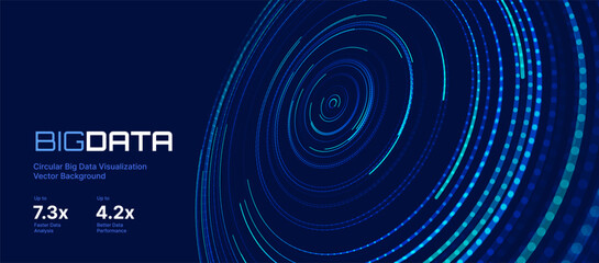 Big Data Visualization. Circular Particles With Trails Vortex. Futuristic Science or Finance Infographic Design. Complex Visual Data Background. Abstract Data Flowing. Vector Illustration.