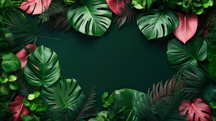 Fototapeta na wymiar Heart-shaped arrangement of various green tropical leaves creating a natural frame with ample copy space in the center