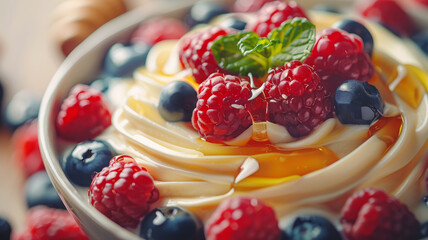 A bowl of yogurt with berries and honey