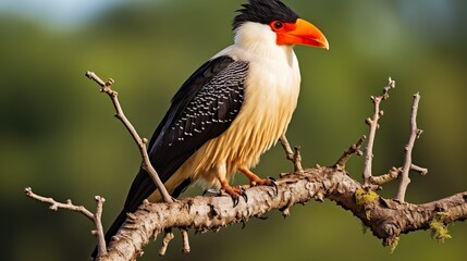 Fototapeta premium Vivid image of a yellow-billed exotic bird sitting atop a twisted branch surrounded by lush greenery, showcasing its unique look