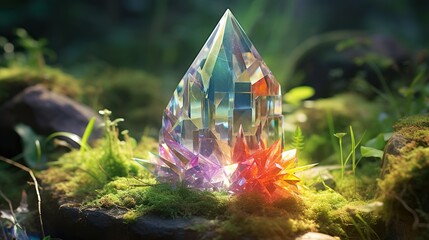 A radiant image depicting a large, vibrant crystal shard amidst a mystically lit forest setting