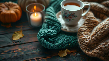 Fototapeta premium Cozy autumn setting with tea and sweater.
