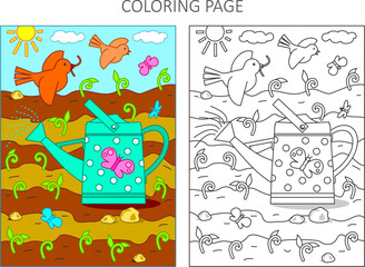 Coloring page with a sample. Spring and gardening scene with watering can, young sprouts, birds, insects.
