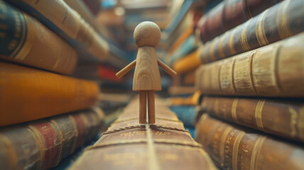Wooden figure standing among old books