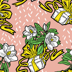 Gift box, ribbon and flowers seamless pattern for wrapping present with bow, party celebration, sale promotion, Textile print, fabric design, banner background. Hand drawn illustration cartoon style.