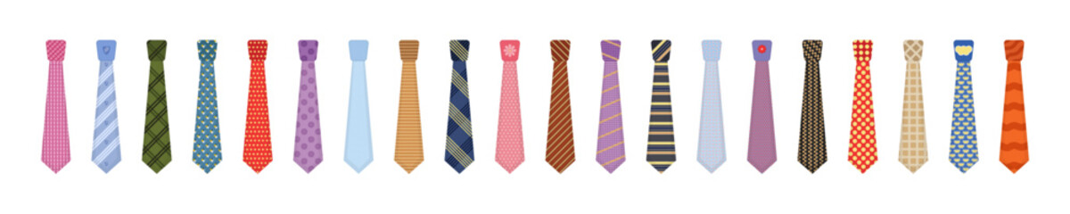 Men accessories ties fashioned. Big colored set neckties different types. Set of various colored ties isolated on white background. Collection men icons. Vector illustration