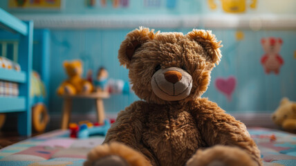 Teddy bear in a colorful nursery