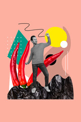 Vertical creative collage dancing man joyful positive mood polluted nature polyethylene garbage rubbish hot chili pepper vegan food