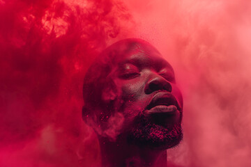 Serene man enveloped in a mystical red smoke. Generative AI image