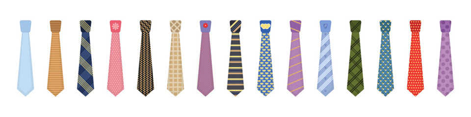 Men accessories ties fashioned. Big colored set neckties different types. Set of various colored ties isolated on white background. Collection men icons. Vector illustration