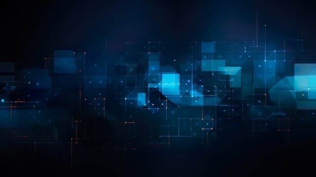 The image captures an array of dynamic blue geometric shapes overlaid on a dark, mysterious backdrop