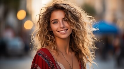 Obraz premium Smiling curly-haired woman walking along the street - travel and vacation concept