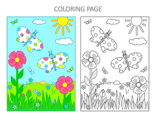Coloring page with a sample. Spring and outdoor scene with two butterflies and flowers.
