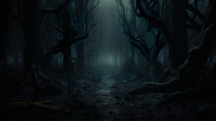 An eerie pathway through a dark forest with twisted trees shrouded in thick fog and dim light