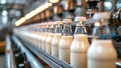 Fototapeta na wymiar Bottles of milk on a factory conveyor belt.