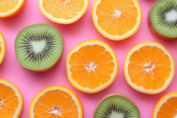 Bright and colorful citrus fruit slices arranged on a vibrant pink background for a fresh and summery image concept - Powered by Adobe