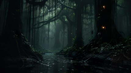 A haunting, serene image of a forest swamp illuminated by lanterns, veiled in a thick mist