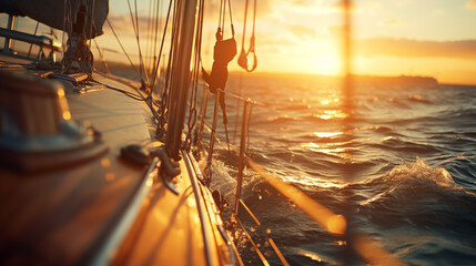 Luxury Sailing Adventure - Sunset Over Ocean Waves - obrazy, fototapety, plakaty
