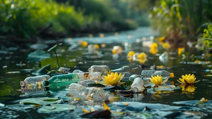 Foto op Canvas A river, with plastic bottles floating amidst water lilies as the background, during a community river cleanup initiative © CanvasPixelDreams