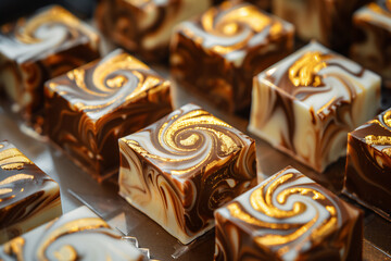 Assorted gourmet chocolate candies on a platter, close-up shot.  Belgian chocolate with white, gold...