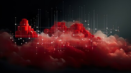 Abstract landscape of digital networks and data nodes overlaid on red cloud formations