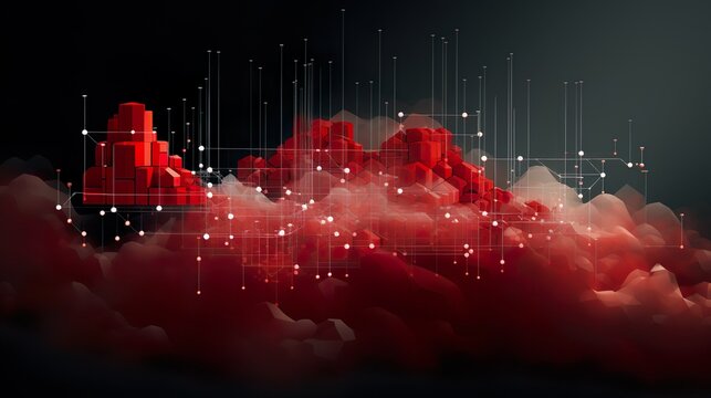 Abstract landscape of digital networks and data nodes overlaid on red cloud formations