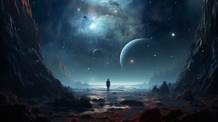 A digital artwork depicting a lone figure surrounded by a breathtaking space panorama