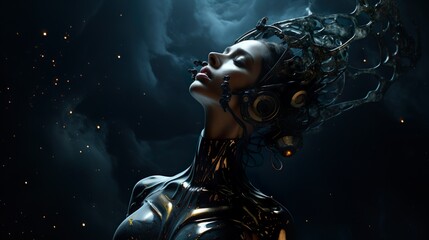 A striking portrayal of a futuristic android woman against a cosmic backdrop filled with stars