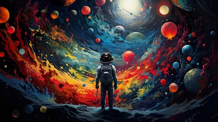 An astronaut gazes at an explosion of color among planets and stars, depicting a vivid, dynamic...