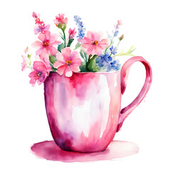 Obraz na płótnie Canvas a bouquet of beautiful wildflowers in a pink tea cup. illustration. artificial intelligence generator, AI, neural network image. background for the design.