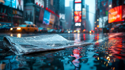 A wet newspaper on a rainy city street at night. - obrazy, fototapety, plakaty
