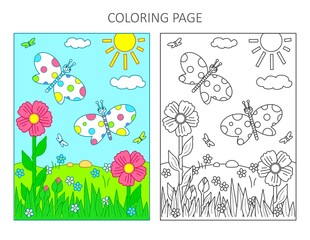 Coloring page with a sample. Spring and outdoor scene with two butterflies and flowers.
 - obrazy, fototapety, plakaty