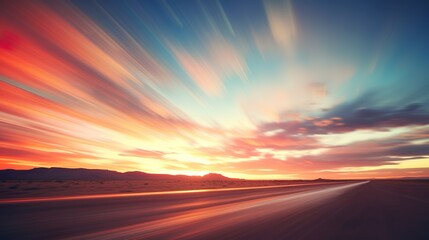 An eye-catching image of a road leading through a desert as a striking sunset fills the sky with dynamic colors and movement