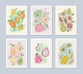 Fruit posters set in flat design. Fruit label, fruit icon in simple style. Apple, pear, guava,  mango, melon and  dragon fruit.
